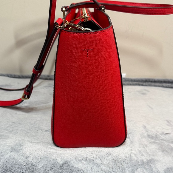 Tory Burch Emerson Small Top Zip Tote Handbag in Brilliant Red Saffiano Leather - Picture 6 of 14